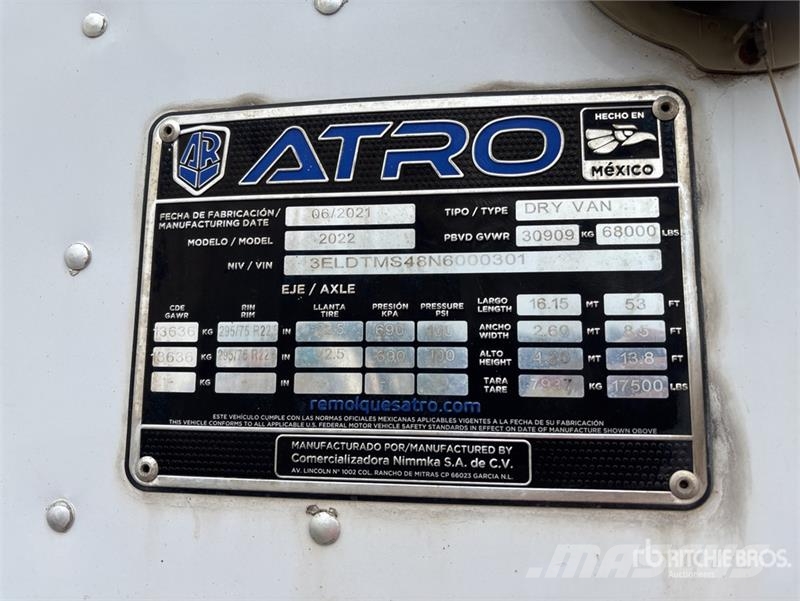 Atro 53 ft x 102 in T/A Van Trailer Furgons