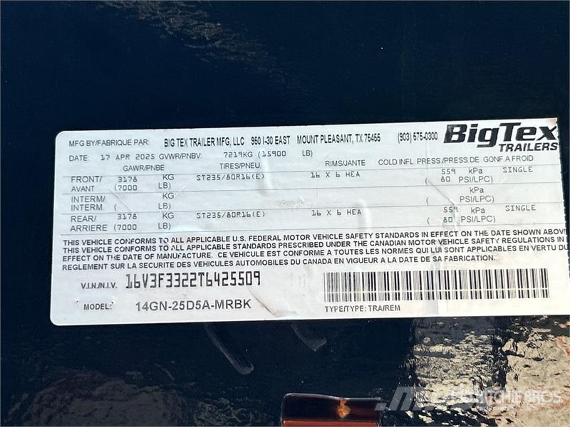 Big Tex 14GN-25 D5A-MRBK 25 ft T/A Equipment Trailer Remolques para transporte de vehículos
