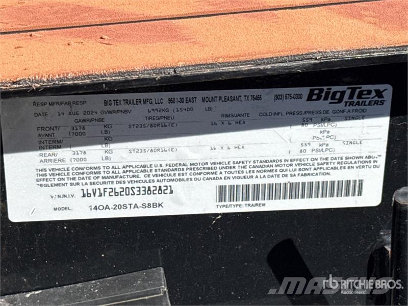 Big Tex 14OA-20STA-S8BK 20 ft T/A Equipment Trailer Autotreilerid