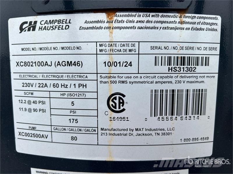 Campbell Hausfeld AGM46 11.9 cfm Skid-Mounted Electric 80 gal Air Co Compressors