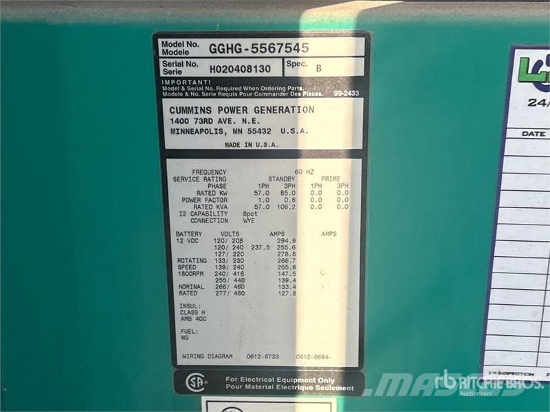 Cummins GGHG5567545 85 kW Skid-Mounted Generator Set Diesel Generators