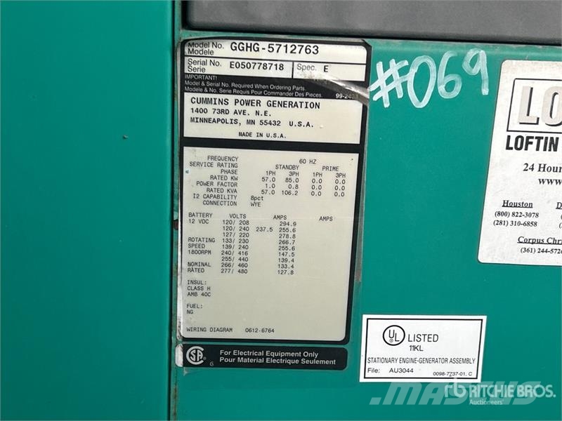 Cummins GGHG5712763 85 kW Skid-Mounted Generator Set Diesel Generators