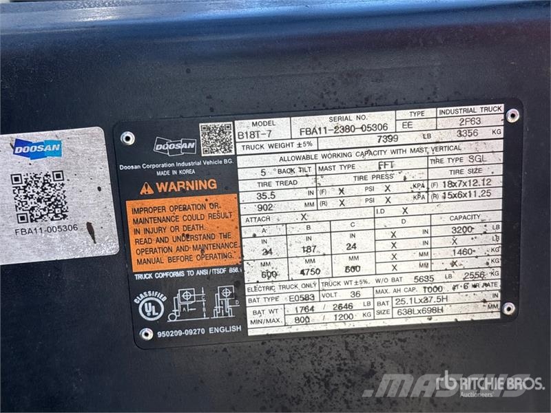 Doosan B18T-7 3200 lb Electric Forklift 전동 지게차