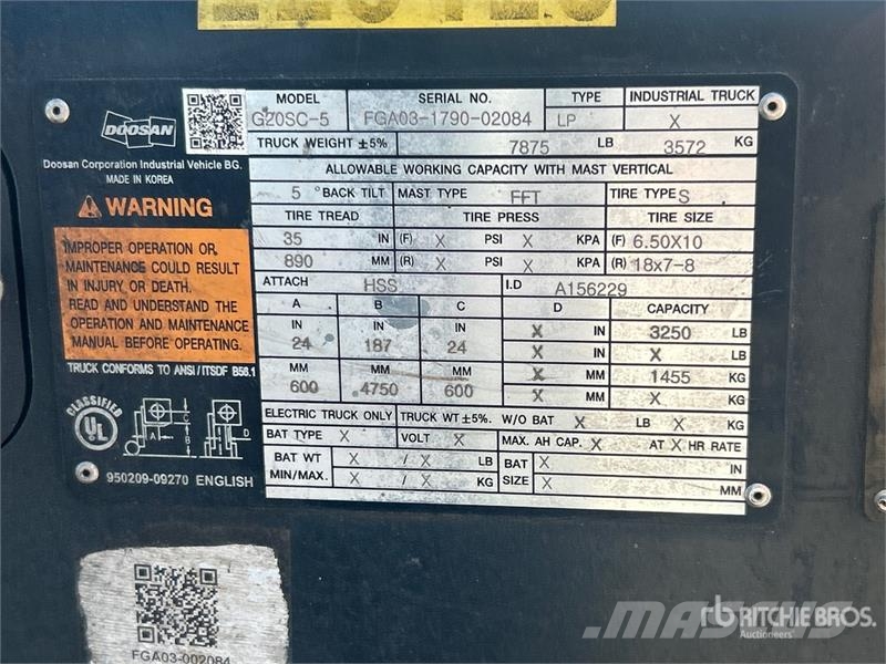 Doosan G20SC-5 3250 lb Pneumatic Tire Forklift Інше