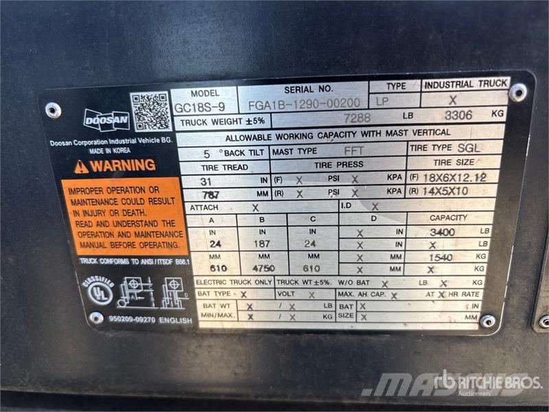Doosan GC18S-9 3400 lb Cushion Tire Forklift 그 외 지게차