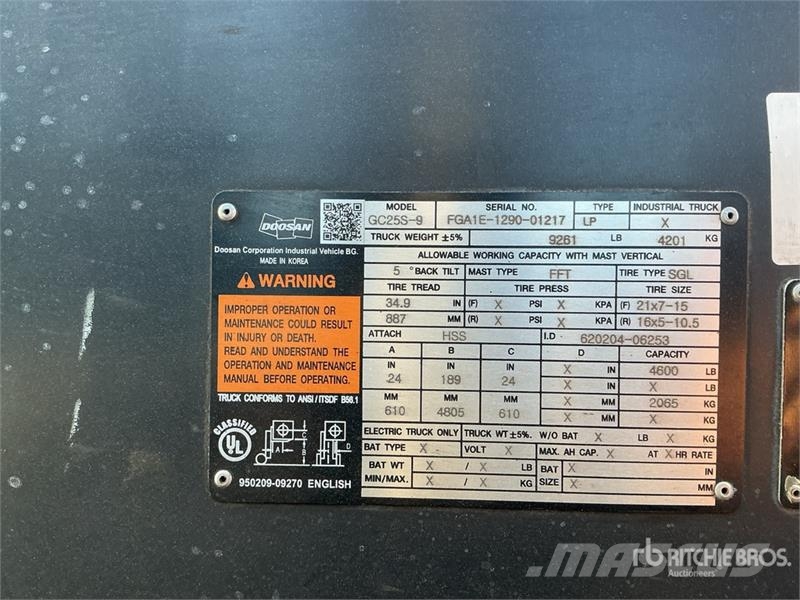 Doosan GC25S-9 4600 lb Cushion Tire Forklift Gaffeltrucker - Annet
