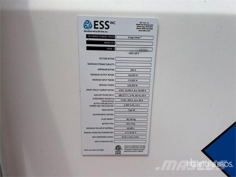 ESS Inc. SS1-0030-01 145 kW Containerized Battery Outros Florestal