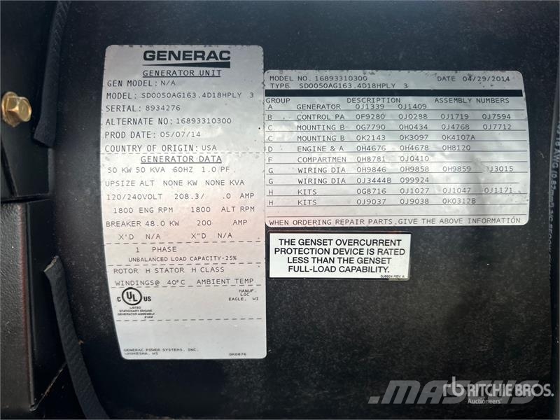 Generac 50 kW Skid-Mounted Generator Set (Inoperable) Dieselgeneratorer