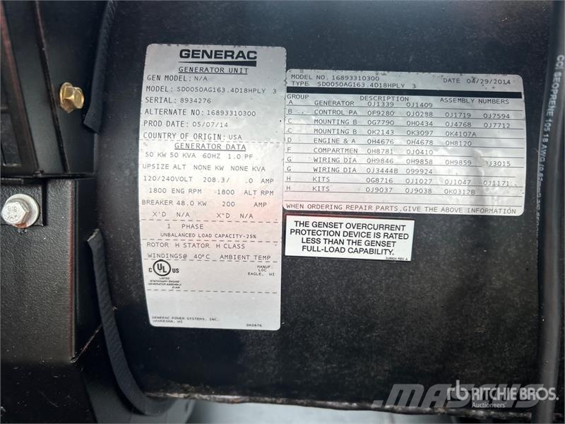 Generac 50 kW Skid-Mounted Generator Set (Inoperable) Dieselgeneratorer