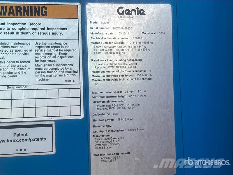 Genie S-60X 4WD Diesel Telescopic Boom Lift Plataformas con brazo de elevación telescópico