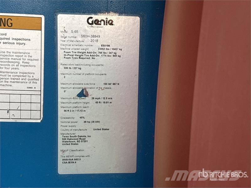 Genie S-65 4WD Diesel Telescopic Boom Lift Nacelles télescopiques