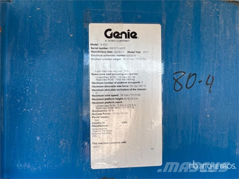 Genie S80X Telescopic Boom Lift Plataformas de trabajo telescópica