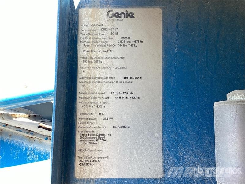 Genie Z-62/40 4WD Diesel Articulating Boom Lift Strēles pacēlāji