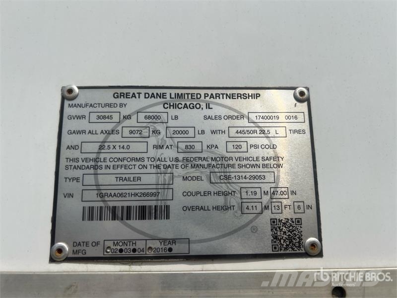 Great Dane CSE-1314-29053 53 ft T/A Van Trailer ボックスボディートレーラー