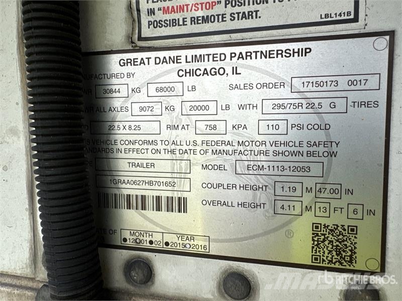 Great Dane ECM111312053 53 ft x 102 in T/A Refrigerated Trail Temperature controlled semi-trailers
