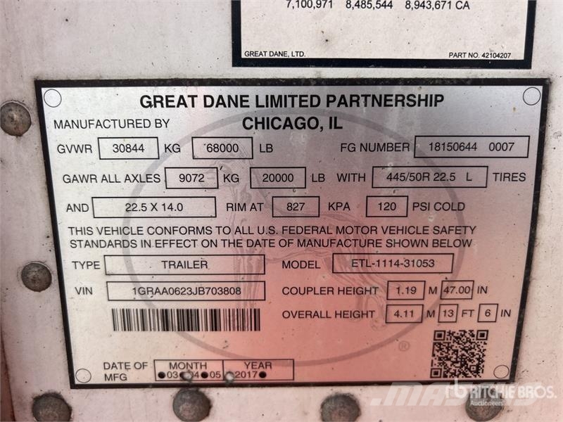 Great Dane ETL-1114-31053 53 ft x 102 in T/A Refrigerated Tra Semi-reboques com temperatura controlada