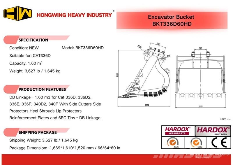 H&W BKT336D60HD 60 in 1.60 m3 Digging Excavator Bucket Łyżki do ładowarek