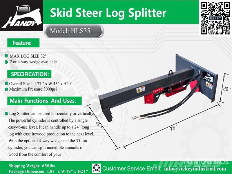 Handy HLS35 30 in Skid Steer Log Splitter (Unused) 목재 쪼개기 및 절단기
