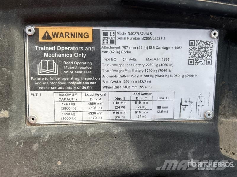 Hyster N40ZRS2-14.5 4000 lb Reach Truck リーチフォークリフト