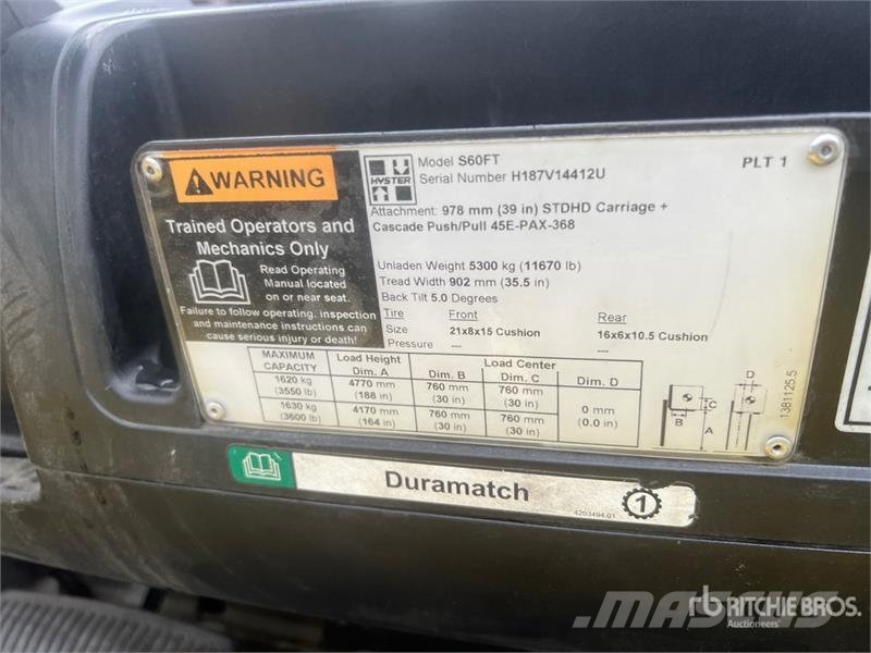 Hyster S60FT 3600 lb Cushion Tire Forklift Diger