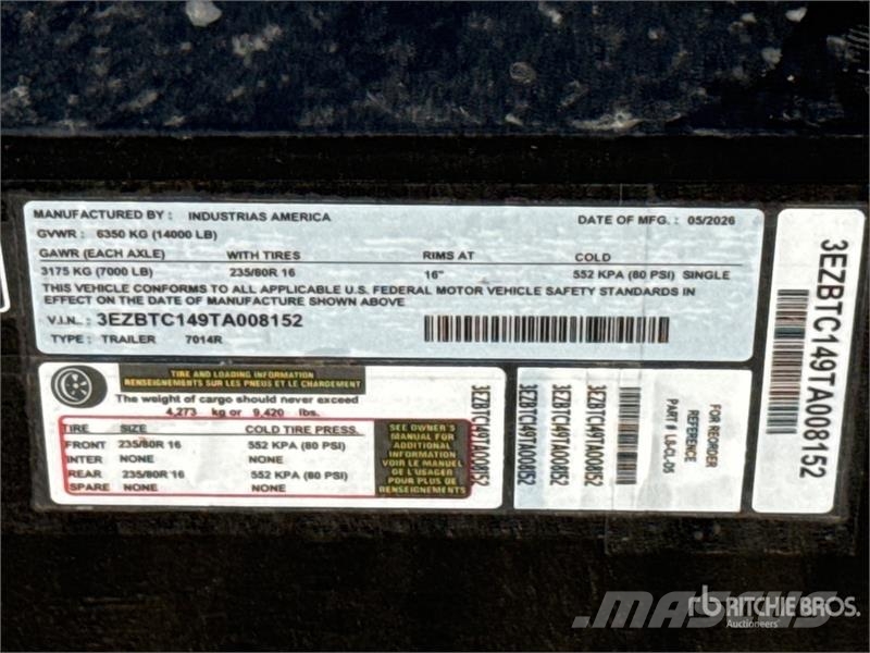 Industrias America 7014R 14 ft T/A Dump Utility Trailer (Unused) 傾卸式拖車