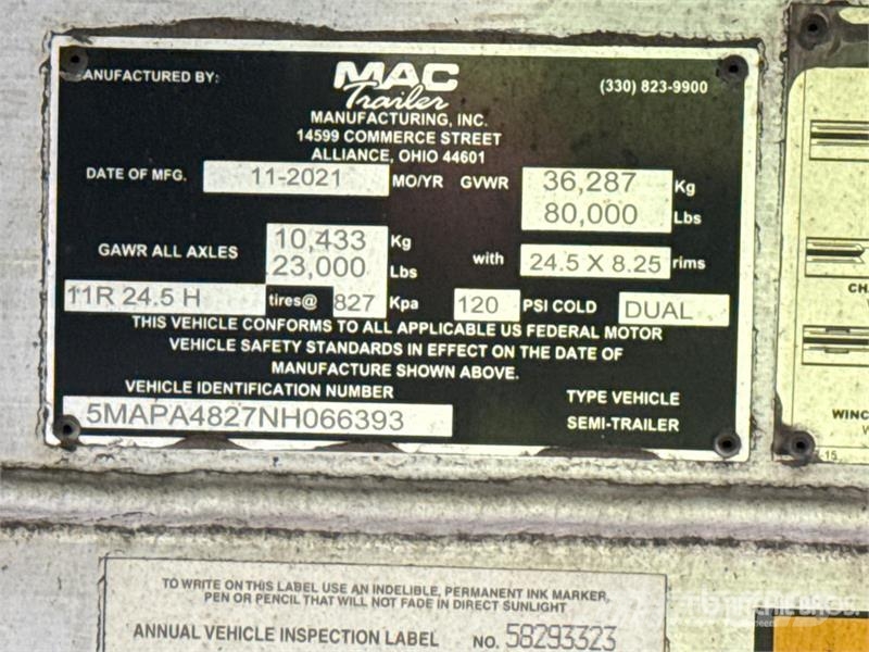 MAC TNAR48AA 48 ft T/A Spread Axle Curtain Side Traile مقطورات بغطاء جانبي