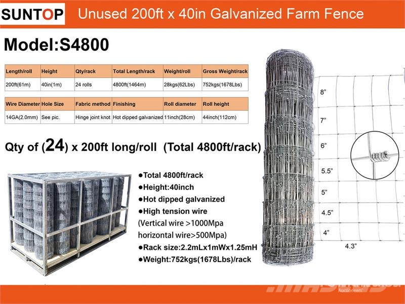  Quantity of (24)  SUNTOP S4800 200 ft x 40 in Galv Fencing equipment