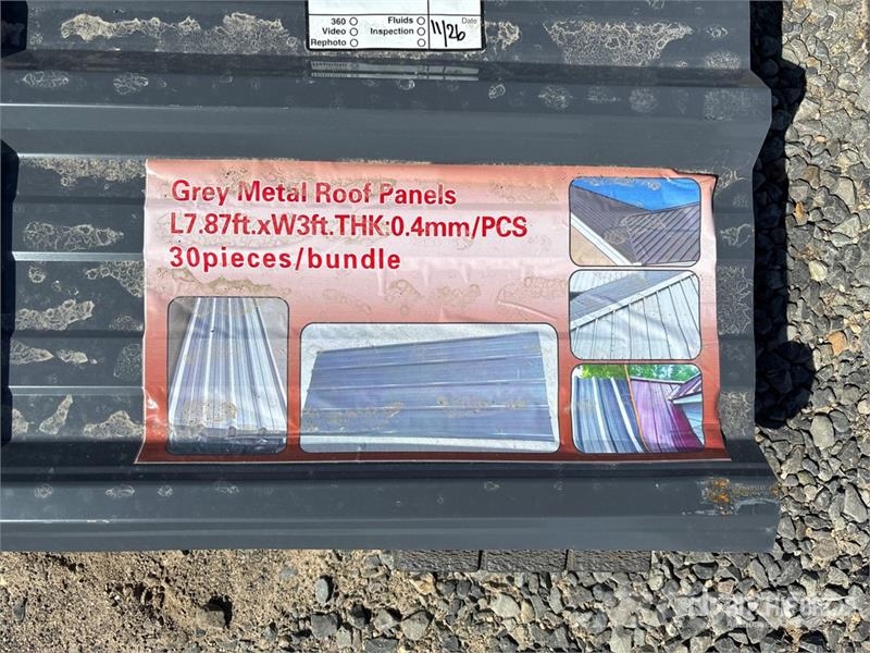 Quantity of (30) 7.87 ft x 3 ft Grey Metal Roofing Vintsid, telfrid ja materjaliliftid