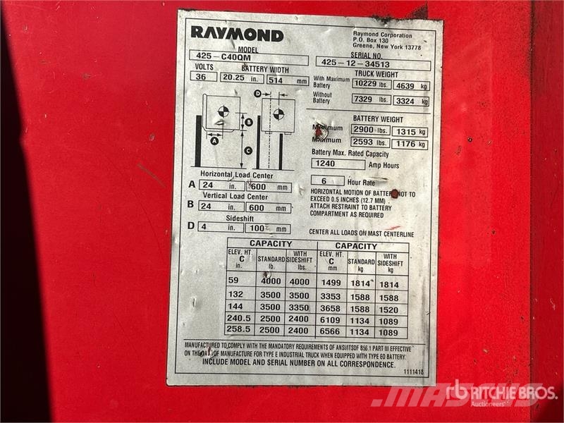 Raymond 425-C40QM 4000 lb Reach Truck شاحنة مناولة