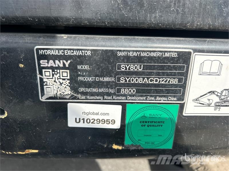 Sany SY80U Tracked Excavator Rupsgraafmachines