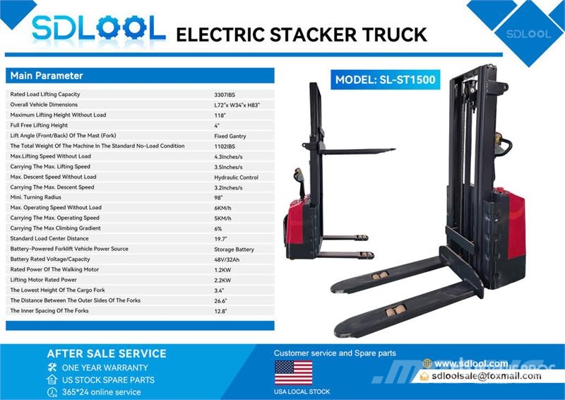 SDLOOL SL-ST1500 3307 lb Electric Stacker (Unused) Stablere