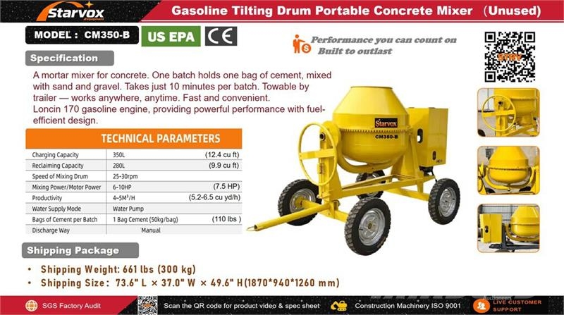  STARVOX CM350-B Gasoline Tilting Drum Portable Con Beton keverők