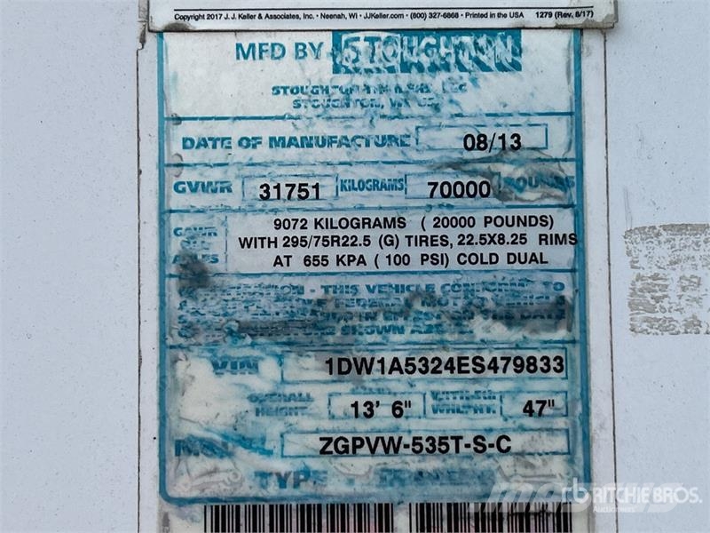 Stoughton ZGPVVW-535T-S-C 53 ft x 102 in T/A Van Trailer 박스 바디 트레일러