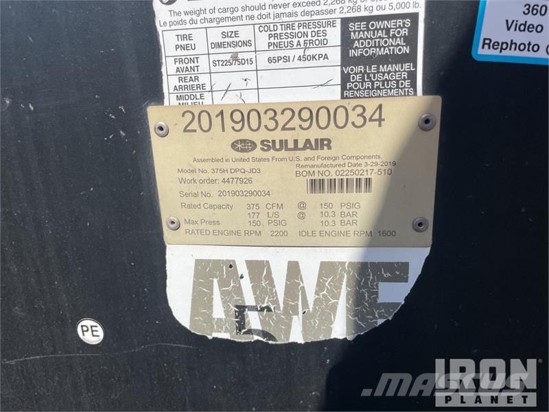 Sullair 375H DPQ JD3 375 cfm Mobile Air Compressor Compressors