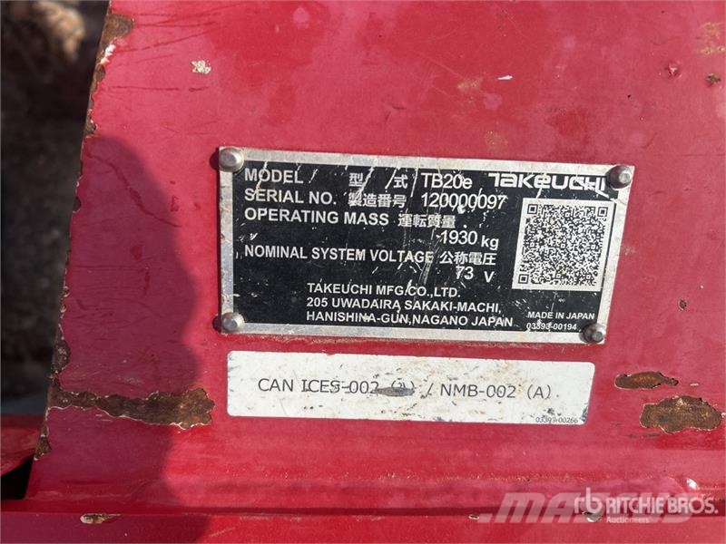 Takeuchi TB20e Electric Mini Excavator Mini Escavadoras <7t
