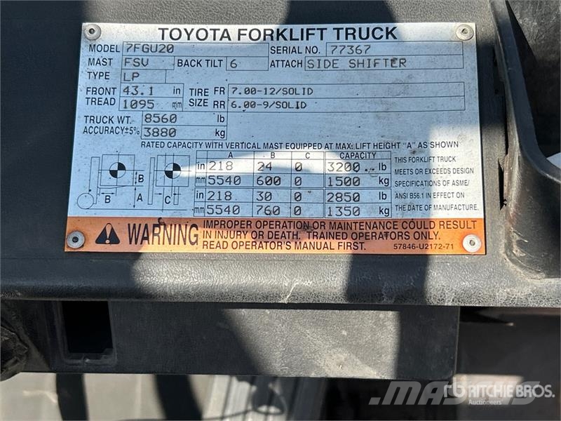Toyota 7FGCU20 3200 lb Pneumatic Tire Forklift Targoncák-Egyéb