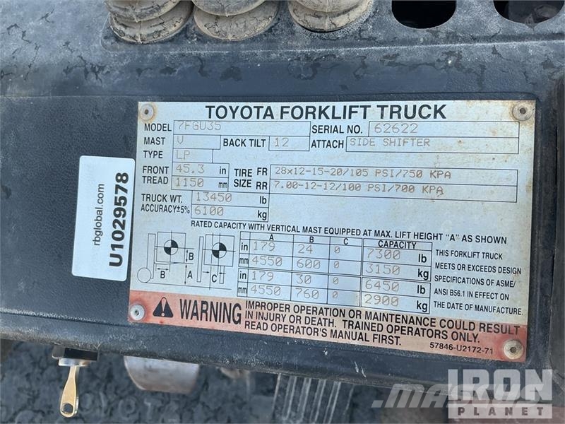 Toyota 7FGU35 7300 lb Pneumatic Tire Forklift 그 외 지게차