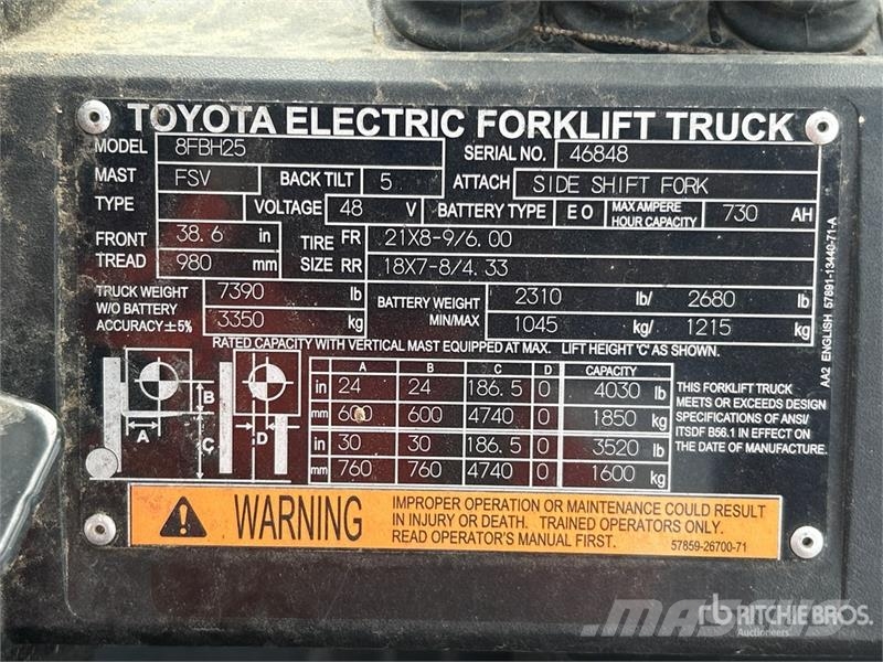 Toyota 8FBH25 4030 lb Electric Forklift 電動堆高機