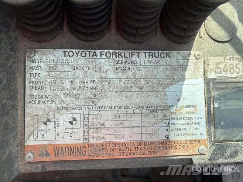 Toyota 8FD35U 6500 lb Pneumatic Tire Forklift Інше