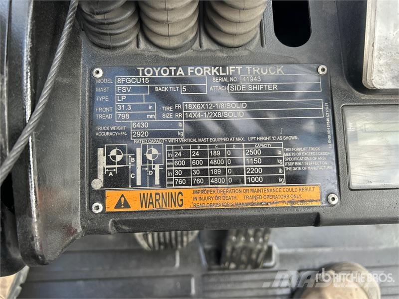 Toyota 8FGCU15 2500 lb Cushion Tire Forklift Інше