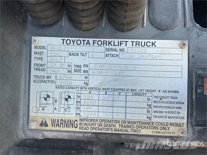 Toyota 8FGU25 3750 lb Pneumatic Tire Forklift Šakiniai krautuvai - Kita
