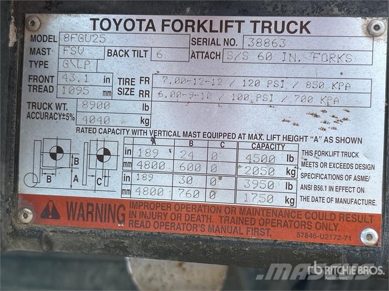 Toyota 8FGU25 4800 lb Pneumatic Tire Forklift Gaffeltrucker - Annet