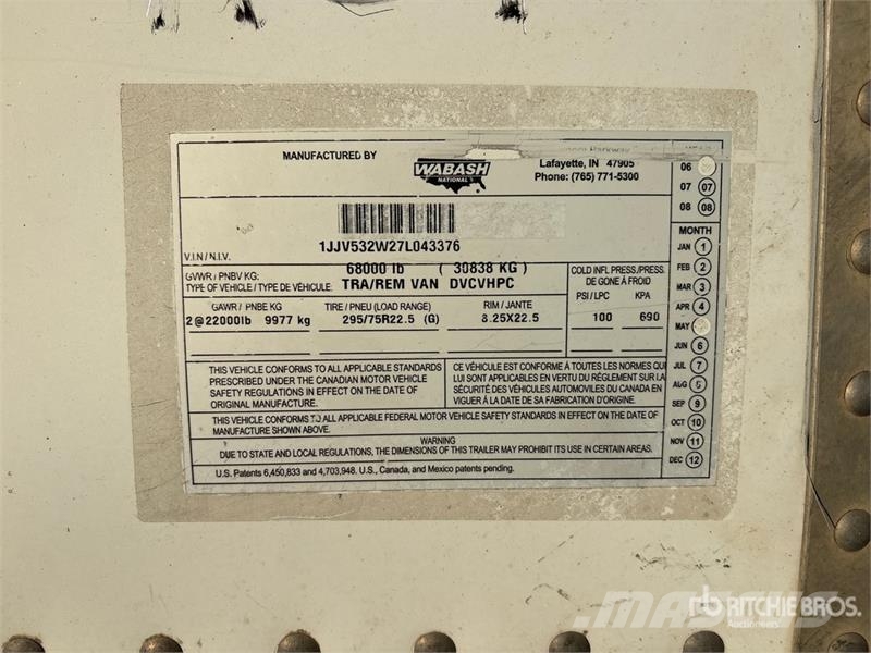 Wabash DVCVHPC 53 ft x 102 in T/A Van Trailer Furgons