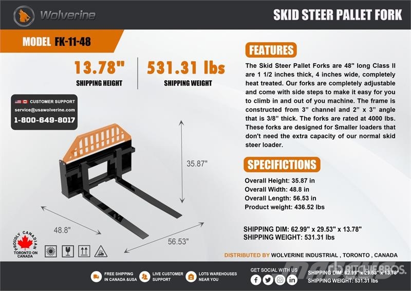 Wolverine FK-11-48W 48 in Skid Steer Forks (Unused Garfos