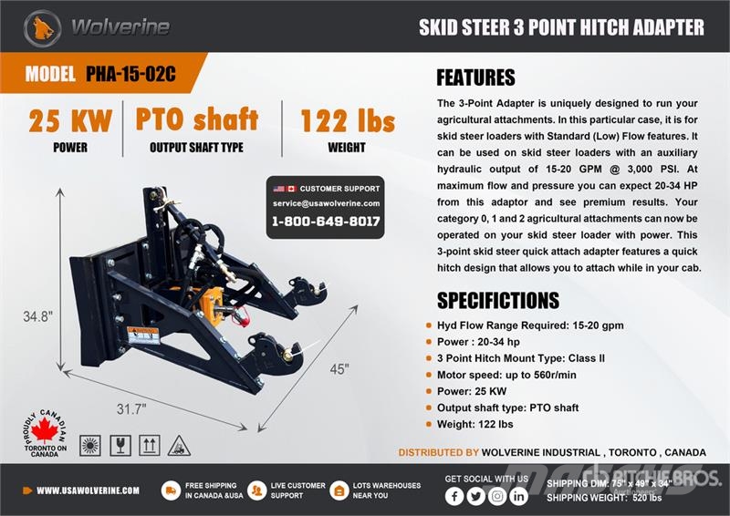  Wolverine PHA-15-02C Skid Steer 3-Point Adapter (U Other components