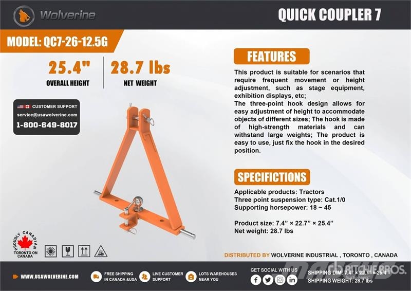 Wolverine QC7-26-12.5G Quick Coupler 7 3-Point Hit Інше додаткове обладнання для тракторів