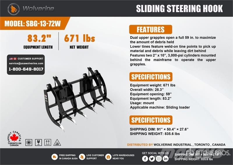 Wolverine SBG-13-72W 72 in Brush Skid Steer Grappl Grijpers