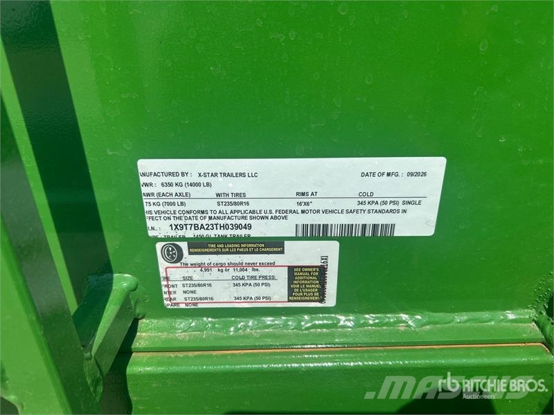  X-STAR 1450 gal T/A Water Tank Trailer (Unused) Egyéb