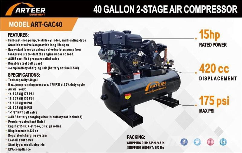 Arteer ART-GAC40 14.5 cfm Skid-Mounted 40 gal Air Compres Compresoras