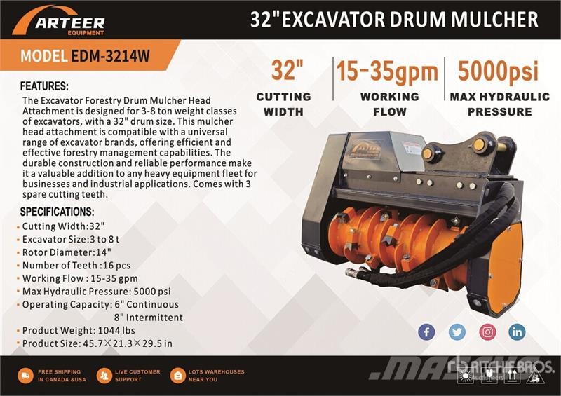 Arteer EDM-3214W 32 in Excavator Drum Mulcher - Fits 3 - Stobbenfreesmachines